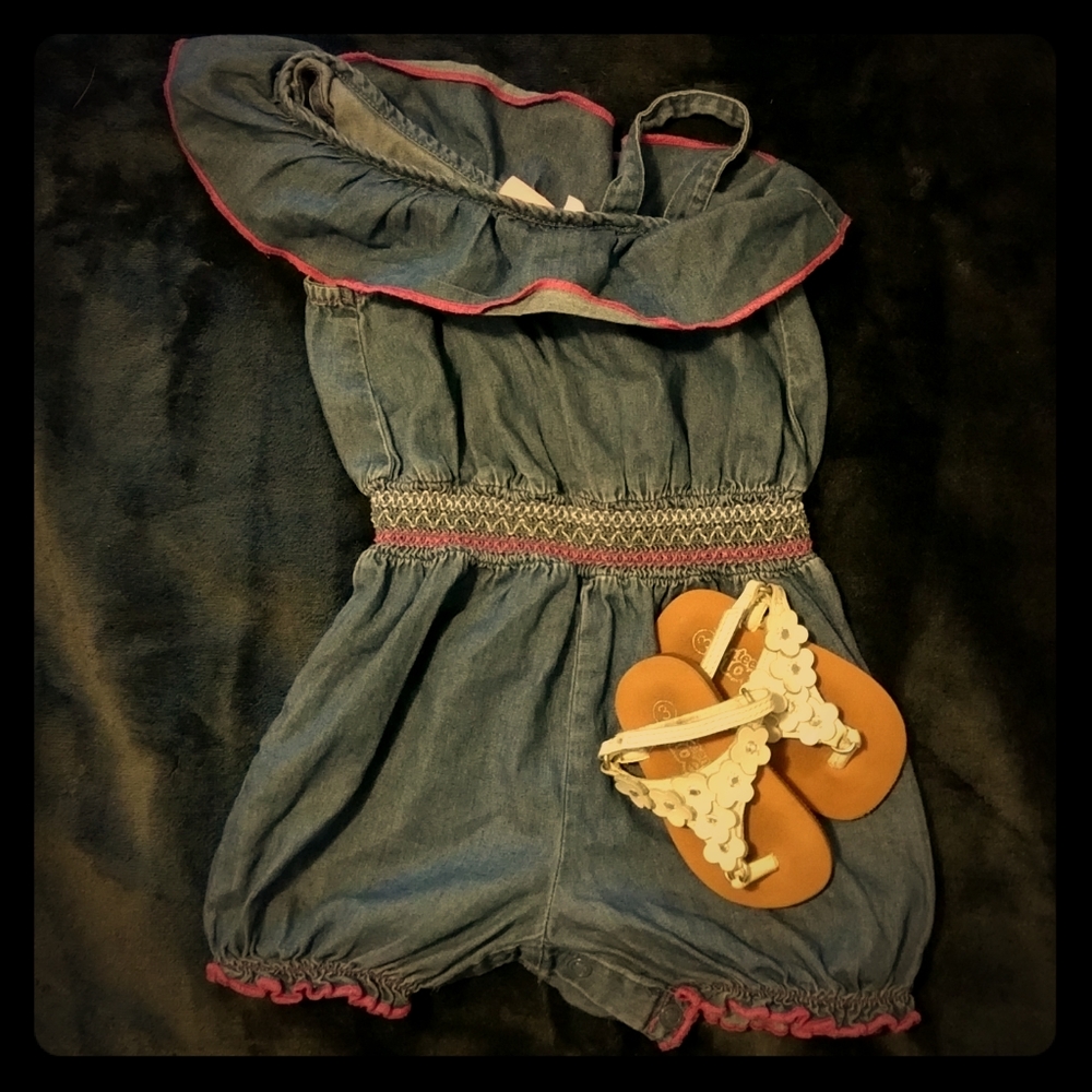 Set--Blue Jean romper (12-18mo) and sandals size 3
